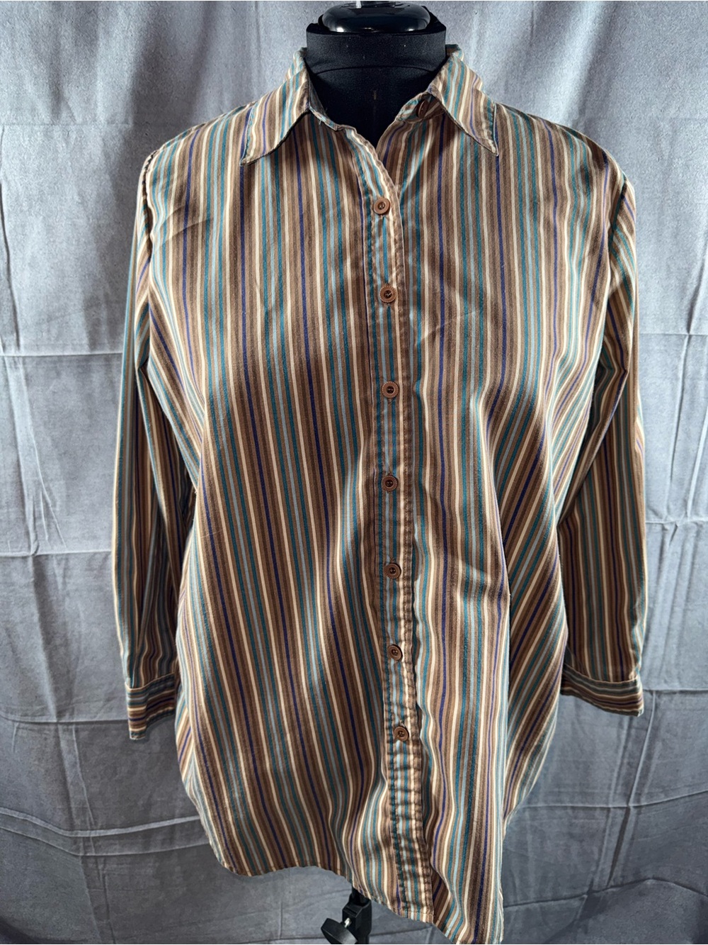 2705-Roaman's Multicolor Vertical Stripe Button-Down Shirt in Brown and Blue